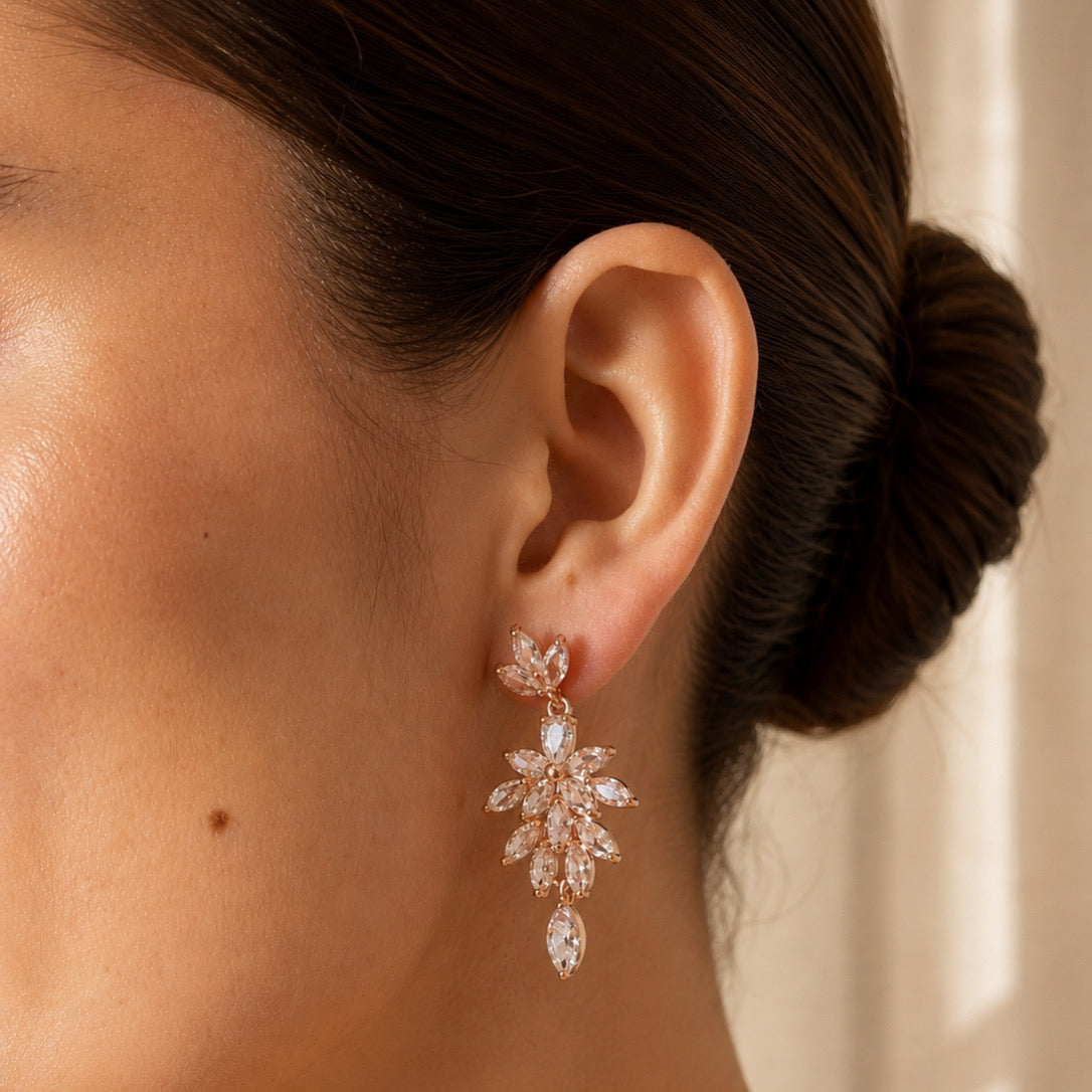 AR970 Aretes Rosa Hojitas Colgantes