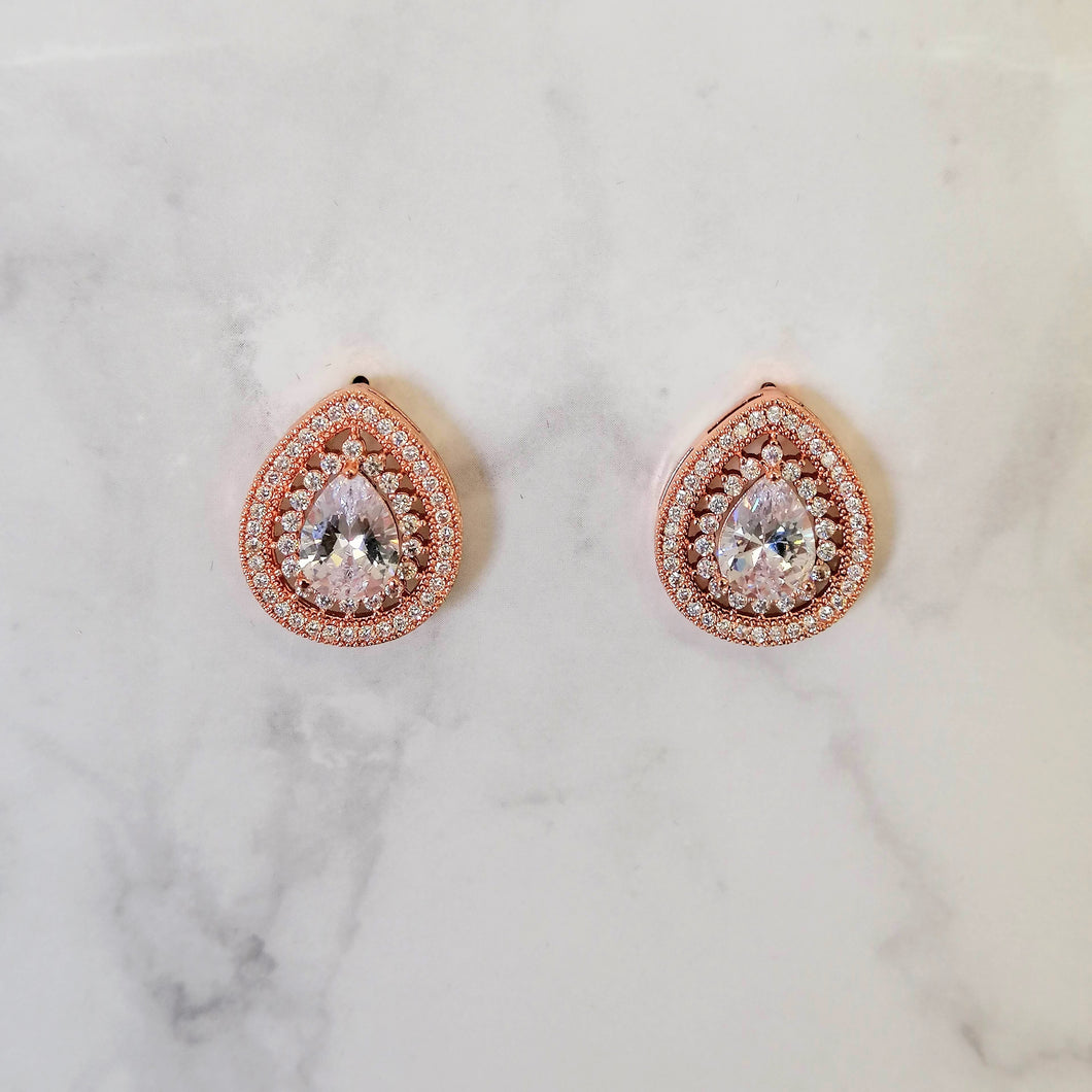 AR809 Aretes Oro Rosa Gota con Marco Doble