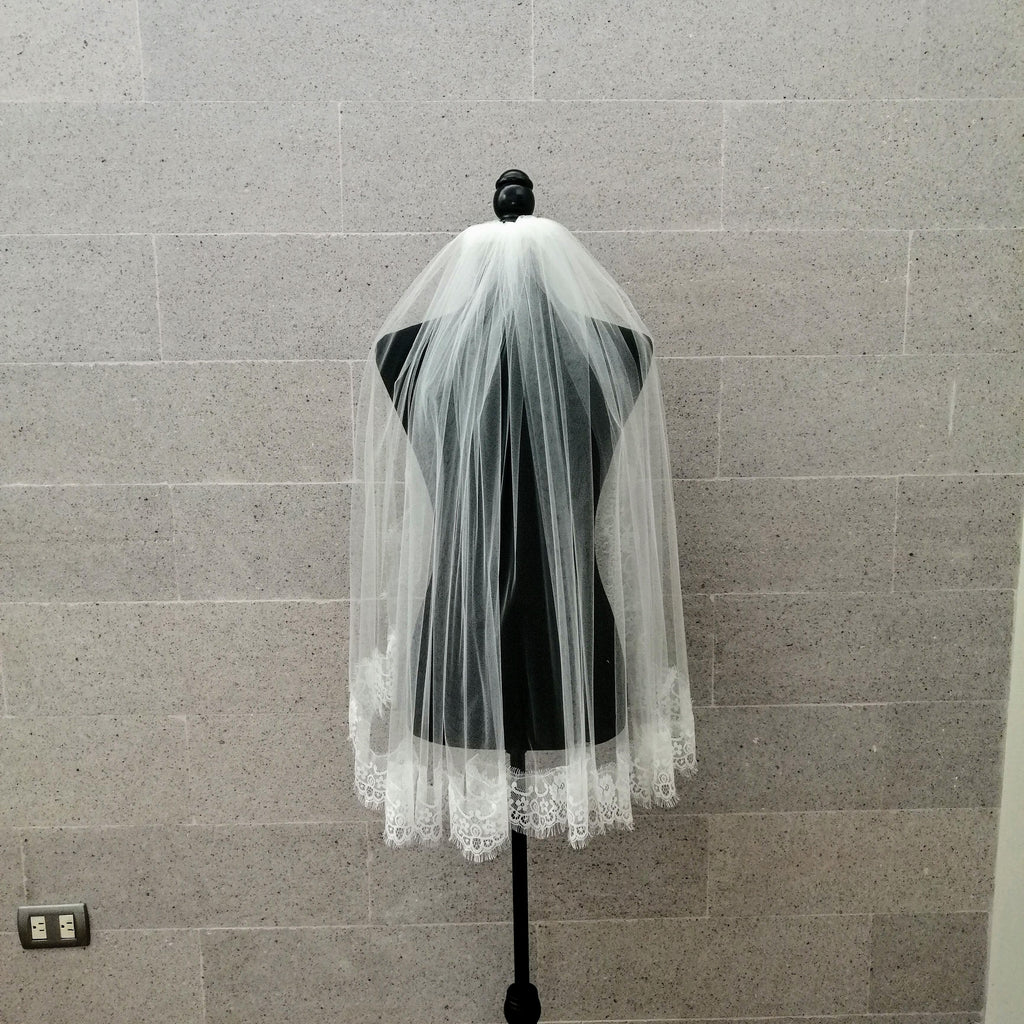 VI118 VELO IVORY CORTO ENCAJE DOBLE