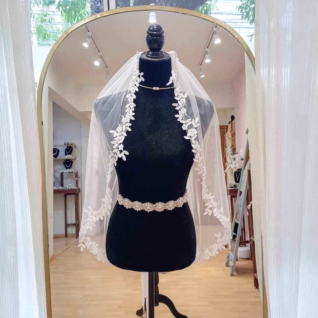 SIRESA Velo Ivory Corto 85 cm con Flores