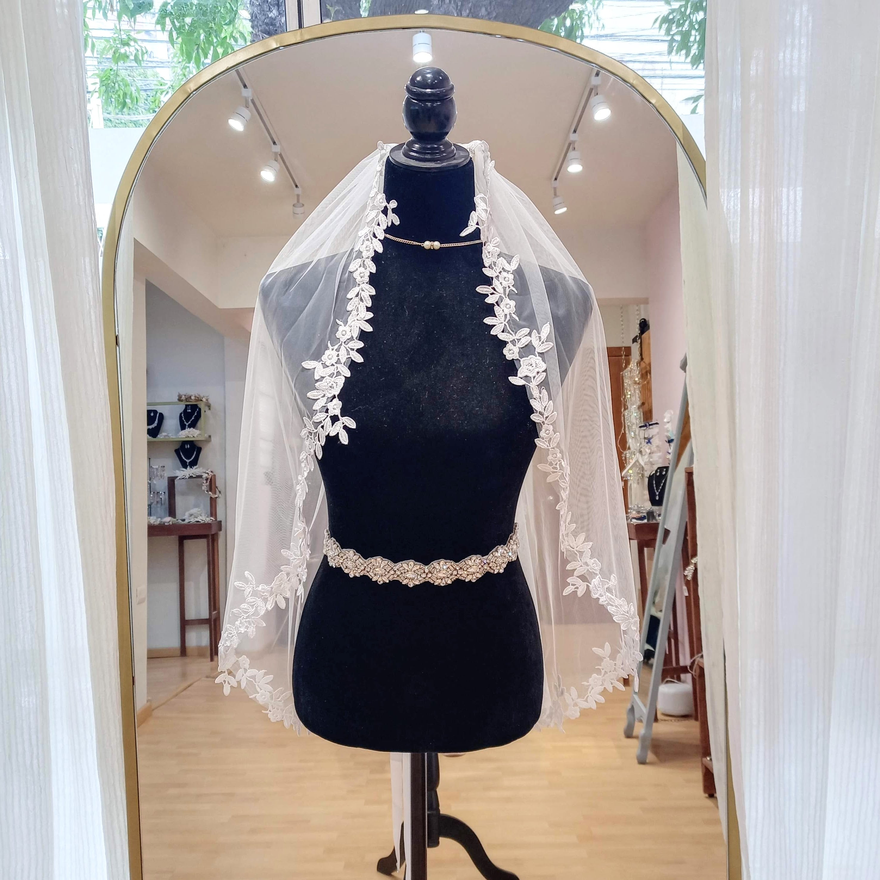 SIRESA Velo Ivory Corto 85 cm con Flores