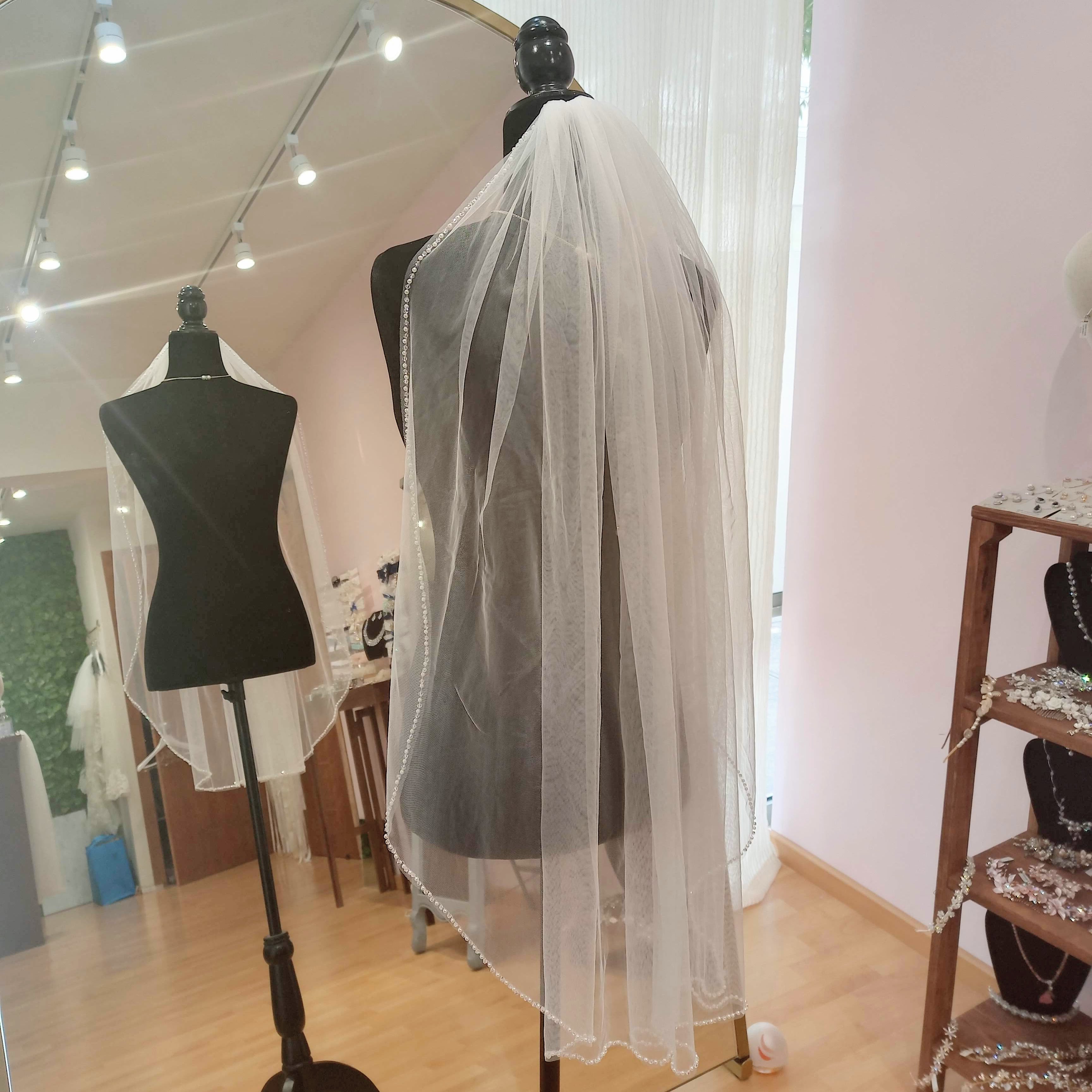 MILAN Velo Corto Blanco 90 cm con Cristales y Perlas