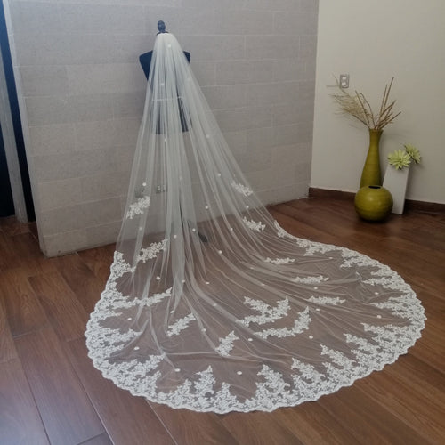 TORONTO Velo Ivory 3 m Encaje Abajo y Flores Centro VI366